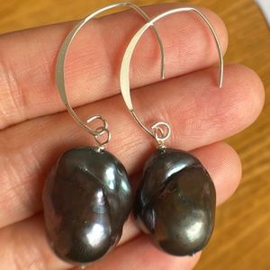 High Luster Large Black Flameball Earrings 925 Sterling Silver